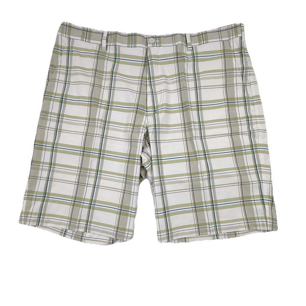 Nike Golf FitDry Flat Front Shorts White Blue Green Plaid Size 40 10.5" Inseam